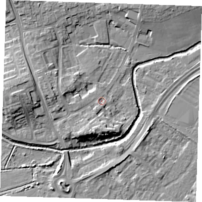 Shaded relief map of the ground around BN237AX, computed from Environment Agency LiDAR. The ground here sits at about 4 m above sea level and falls 10 m across the surrounding 800 m. Surface water reaching this point runs off ground lying to the south-south-west, 3.6 m higher.
