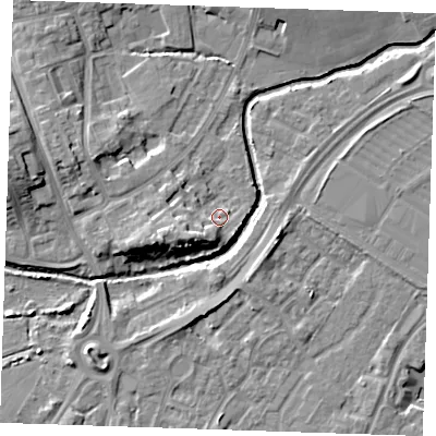 Shaded relief map of the ground around BN237AZ, computed from Environment Agency LiDAR. The ground here sits at about 4 m above sea level and falls 9 m across the surrounding 800 m. Surface water reaching this point runs off ground lying to the south-west, 5.4 m higher.