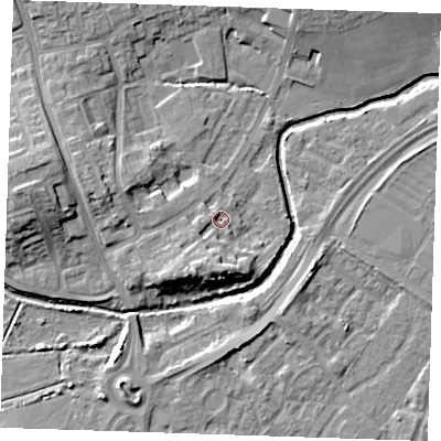 Shaded relief map of the ground around BN237BB, computed from Environment Agency LiDAR. The ground here sits at about 4 m above sea level and falls 10 m across the surrounding 800 m. Surface water reaching this point runs off ground lying to the south-south-west, 5.9 m higher.