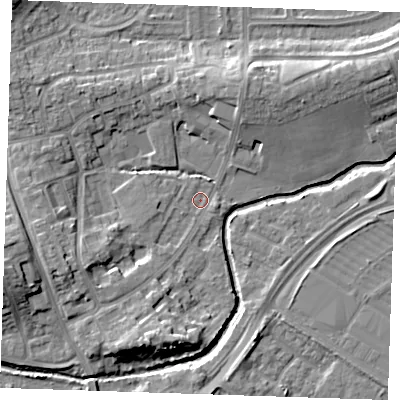 Shaded relief map of the ground around BN237BE, computed from Environment Agency LiDAR. The ground here sits at about 3 m above sea level and falls 10 m across the surrounding 800 m. Surface water reaching this point runs off ground lying to the west-south-west, 5.8 m higher.