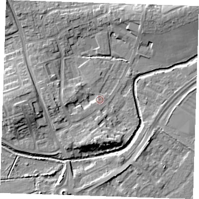 Shaded relief map of the ground around BN237BG, computed from Environment Agency LiDAR. The ground here sits at about 4 m above sea level and falls 10 m across the surrounding 800 m. Surface water reaching this point runs off ground lying to the south-west, 4.1 m higher.