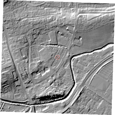 Shaded relief map of the ground around BN237BH, computed from Environment Agency LiDAR. The ground here sits at about 3 m above sea level and falls 10 m across the surrounding 800 m. Surface water reaching this point runs off ground lying to the west-south-west, 5.7 m higher.