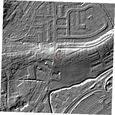 Shaded relief map of the ground around BN237BL, computed from Environment Agency LiDAR. The ground here sits at about 8 m above sea level and falls 8 m across the surrounding 800 m. Surface water reaching this point runs off ground lying to the west-north-west, 0.6 m higher.