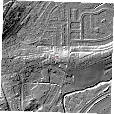Shaded relief map of the ground around BN237BN, computed from Environment Agency LiDAR. The ground here sits at about 7 m above sea level and falls 10 m across the surrounding 800 m. Surface water reaching this point runs off ground lying to the east-south-east, 1.0 m higher.