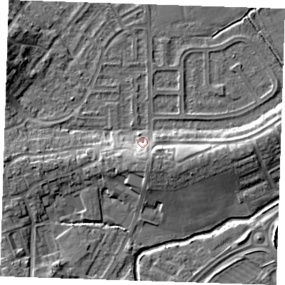 Shaded relief map of the ground around BN237BP, computed from Environment Agency LiDAR. The ground here sits at about 4 m above sea level and falls 7 m across the surrounding 800 m. Surface water reaching this point runs off ground lying to the south-south-east, 5.3 m higher.