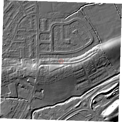 Shaded relief map of the ground around BN237BS, computed from Environment Agency LiDAR. The ground here sits at about 4 m above sea level and falls 10 m across the surrounding 800 m. Surface water reaching this point runs off ground lying to the south-west, 5.3 m higher.