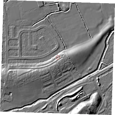 Shaded relief map of the ground around BN237BT, computed from Environment Agency LiDAR. The ground here sits at about 5 m above sea level and falls 10 m across the surrounding 800 m. Surface water reaching this point runs off ground lying to the west-south-west, 6.1 m higher.