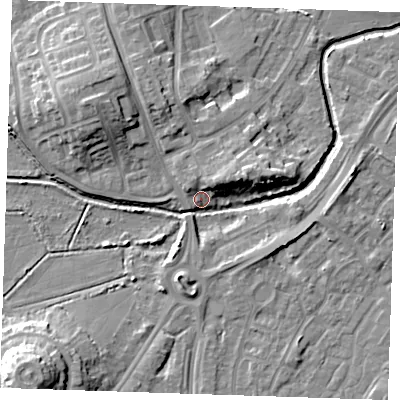 Shaded relief map of the ground around BN237BU, computed from Environment Agency LiDAR. The ground here sits at about 4 m above sea level and falls 12 m across the surrounding 800 m. Surface water reaching this point runs off ground lying to the east-north-east, 8.7 m higher.