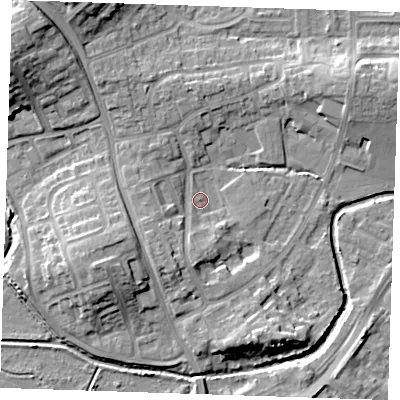 Shaded relief map of the ground around BN237DX, computed from Environment Agency LiDAR. The ground here sits at about 4 m above sea level and falls 13 m across the surrounding 800 m. Surface water reaching this point runs off ground lying to the south, 5.1 m higher.