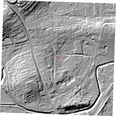 Shaded relief map of the ground around BN237DY, computed from Environment Agency LiDAR. The ground here sits at about 3 m above sea level and falls 14 m across the surrounding 800 m. Surface water reaching this point runs off ground lying to the south-south-west, 5.8 m higher.