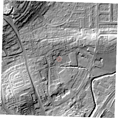 Shaded relief map of the ground around BN237EA, computed from Environment Agency LiDAR. The ground here sits at about 3 m above sea level and falls 14 m across the surrounding 800 m. Surface water reaching this point runs off ground lying to the north-west, 2.7 m higher.