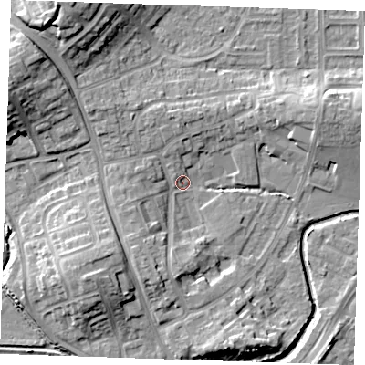 Shaded relief map of the ground around BN237EB, computed from Environment Agency LiDAR. The ground here sits at about 3 m above sea level and falls 14 m across the surrounding 800 m. Surface water reaching this point runs off ground lying to the south-south-west, 6.2 m higher.