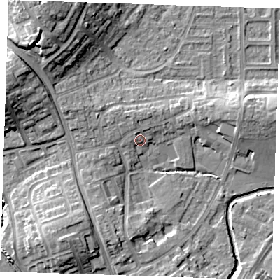 Shaded relief map of the ground around BN237EF, computed from Environment Agency LiDAR. The ground here sits at about 5 m above sea level and falls 15 m across the surrounding 800 m. Surface water reaching this point runs off ground lying to the north-north-west, 1.6 m higher.