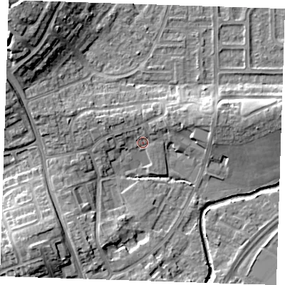 Shaded relief map of the ground around BN237EQ, computed from Environment Agency LiDAR. The ground here sits at about 4 m above sea level and falls 14 m across the surrounding 800 m. Surface water reaching this point runs off ground lying to the east-north-east, 4.4 m higher.