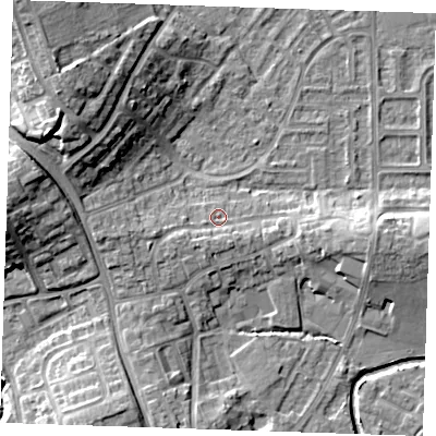 Shaded relief map of the ground around BN237ET, computed from Environment Agency LiDAR. The ground here sits at about 4 m above sea level and falls 15 m across the surrounding 800 m. Surface water reaching this point runs off ground lying to the west, 3.0 m higher.