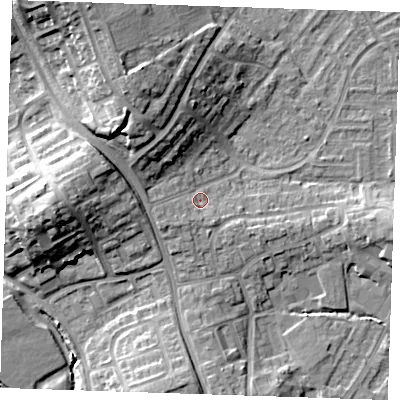 Shaded relief map of the ground around BN237EY, computed from Environment Agency LiDAR. The ground here sits at about 5 m above sea level and falls 15 m across the surrounding 800 m. Surface water reaching this point runs off ground lying to the north-north-west, 6.2 m higher.
