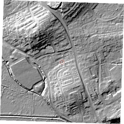 Shaded relief map of the ground around BN237HL, computed from Environment Agency LiDAR. The ground here sits at about 4 m above sea level and falls 16 m across the surrounding 800 m. Surface water reaching this point runs off ground lying to the north-west, 13.6 m higher.