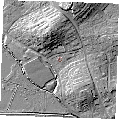 Shaded relief map of the ground around BN237HP, computed from Environment Agency LiDAR. The ground here sits at about 3 m above sea level and falls 16 m across the surrounding 800 m. Surface water reaching this point runs off ground lying to the north-north-west, 13.6 m higher.