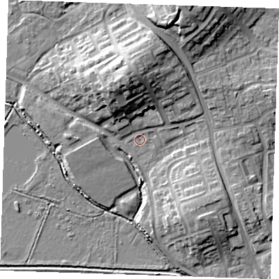 Shaded relief map of the ground around BN237HS, computed from Environment Agency LiDAR. The ground here sits at about 3 m above sea level and falls 16 m across the surrounding 800 m. Surface water reaching this point runs off ground lying to the north, 13.8 m higher.