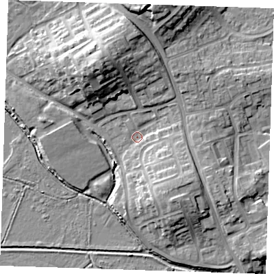Shaded relief map of the ground around BN237HW, computed from Environment Agency LiDAR. The ground here sits at about 3 m above sea level and falls 16 m across the surrounding 800 m. Surface water reaching this point runs off ground lying to the north-north-west, 13.6 m higher.
