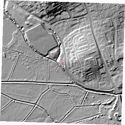 Shaded relief map of the ground around BN237JQ, computed from Environment Agency LiDAR. The ground here sits at about 4 m above sea level and falls 14 m across the surrounding 800 m. Surface water reaching this point runs off ground lying to the east, 2.3 m higher.