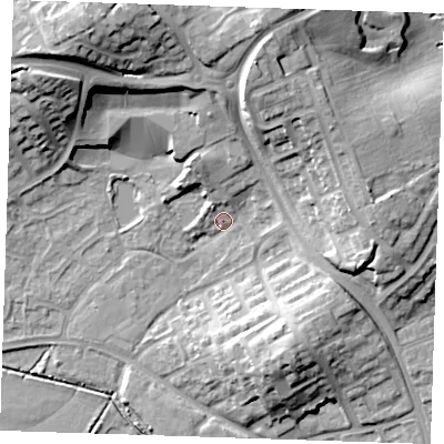 Shaded relief map of the ground around BN237JW, computed from Environment Agency LiDAR. The ground here sits at about 4 m above sea level and falls 23 m across the surrounding 800 m. Surface water reaching this point runs off ground lying to the north-north-east, 17.7 m higher.