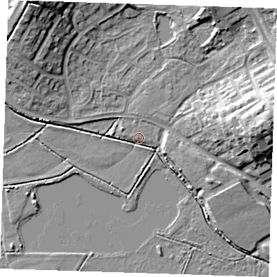 Shaded relief map of the ground around BN237JZ, computed from Environment Agency LiDAR. The ground here sits at about 3 m above sea level and falls 16 m across the surrounding 800 m. Surface water reaching this point runs off ground lying to the east, 9.9 m higher.