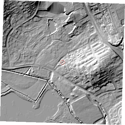 Shaded relief map of the ground around BN237LG, computed from Environment Agency LiDAR. The ground here sits at about 4 m above sea level and falls 16 m across the surrounding 800 m. Surface water reaching this point runs off ground lying to the east, 6.2 m higher.
