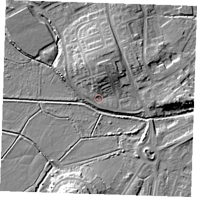 Shaded relief map of the ground around BN237LW, computed from Environment Agency LiDAR. The ground here sits at about 3 m above sea level and falls 12 m across the surrounding 800 m. Surface water reaching this point runs off ground lying to the north-north-east, 6.7 m higher.