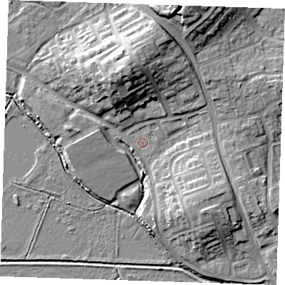 Shaded relief map of the ground around BN237LX, computed from Environment Agency LiDAR. The ground here sits at about 3 m above sea level and falls 16 m across the surrounding 800 m. Surface water reaching this point runs off ground lying to the north, 13.8 m higher.
