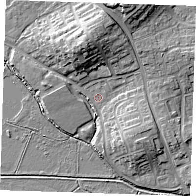 Shaded relief map of the ground around BN237LY, computed from Environment Agency LiDAR. The ground here sits at about 3 m above sea level and falls 16 m across the surrounding 800 m. Surface water reaching this point runs off ground lying to the north-north-west, 13.6 m higher.