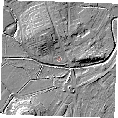 Shaded relief map of the ground around BN237LZ, computed from Environment Agency LiDAR. The ground here sits at about 3 m above sea level and falls 12 m across the surrounding 800 m. Surface water reaching this point runs off ground lying to the north-west, 7.3 m higher.