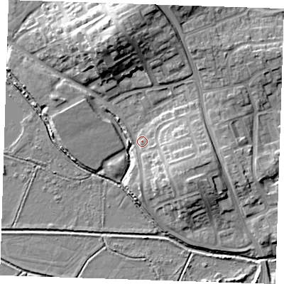Shaded relief map of the ground around BN237NA, computed from Environment Agency LiDAR. The ground here sits at about 4 m above sea level and falls 16 m across the surrounding 800 m. Surface water reaching this point runs off ground lying to the east-south-east, 7.3 m higher.
