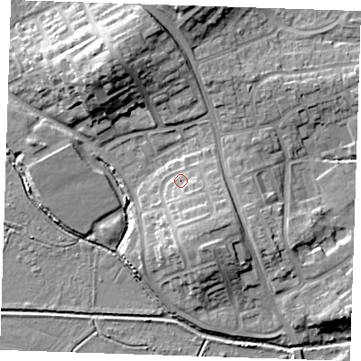 Shaded relief map of the ground around BN237NE, computed from Environment Agency LiDAR. The ground here sits at about 5 m above sea level and falls 16 m across the surrounding 800 m. Surface water reaching this point runs off ground lying to the south-east, 5.9 m higher.