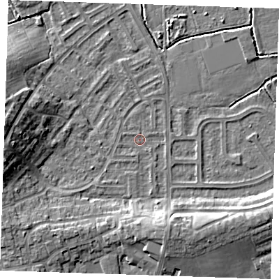 Shaded relief map of the ground around BN237NP, computed from Environment Agency LiDAR. The ground here sits at about 3 m above sea level and falls 11 m across the surrounding 800 m. Surface water reaching this point runs off ground lying to the north-north-west, 0.8 m higher.