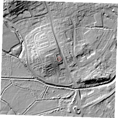 Shaded relief map of the ground around BN237NQ, computed from Environment Agency LiDAR. The ground here sits at about 8 m above sea level and falls 15 m across the surrounding 800 m. Surface water reaching this point runs off ground lying to the west-north-west, 3.6 m higher.