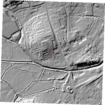 Shaded relief map of the ground around BN237NW, computed from Environment Agency LiDAR. The ground here sits at about 6 m above sea level and falls 10 m across the surrounding 800 m. Surface water reaching this point runs off ground lying to the north-north-west, 5.7 m higher.