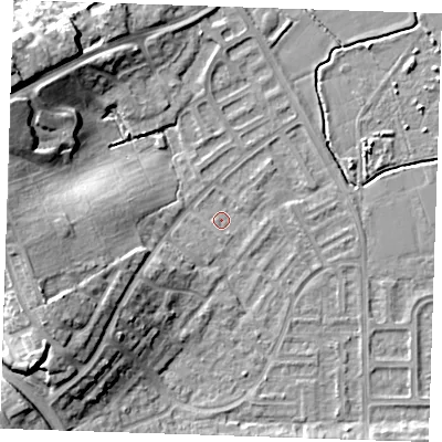Shaded relief map of the ground around BN237PP, computed from Environment Agency LiDAR. The ground here sits at about 3 m above sea level and falls 16 m across the surrounding 800 m. Surface water reaching this point runs off ground lying to the south-south-east, 0.5 m higher.