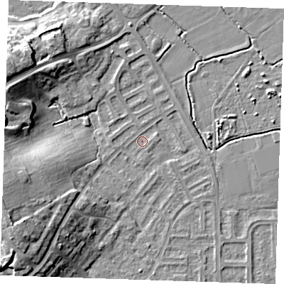 Shaded relief map of the ground around BN237PR, computed from Environment Agency LiDAR. The ground here sits at about 3 m above sea level and falls 15 m across the surrounding 800 m. Surface water reaching this point runs off ground lying to the west-south-west, 13.8 m higher.