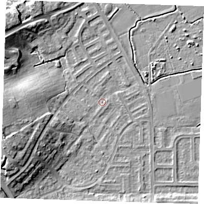 Shaded relief map of the ground around BN237PS, computed from Environment Agency LiDAR. The ground here sits at about 3 m above sea level and falls 15 m across the surrounding 800 m. Surface water reaching this point runs off ground lying to the west-south-west, 13.8 m higher.