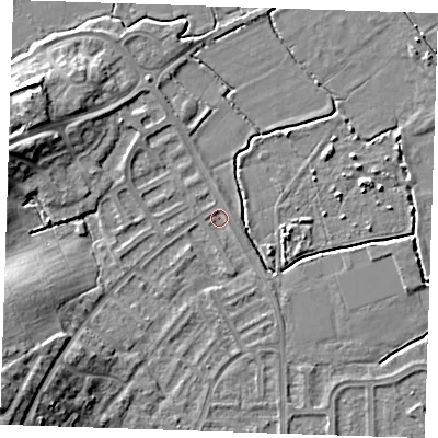 Shaded relief map of the ground around BN237PT, computed from Environment Agency LiDAR. The ground here sits at about 2 m above sea level and falls 13 m across the surrounding 800 m. Surface water reaching this point runs off ground lying to the south-west, 11.7 m higher.