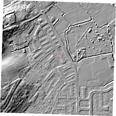 Shaded relief map of the ground around BN237PU, computed from Environment Agency LiDAR. The ground here sits at about 3 m above sea level and falls 13 m across the surrounding 800 m. Surface water reaching this point runs off ground lying to the south-west, 12.6 m higher.