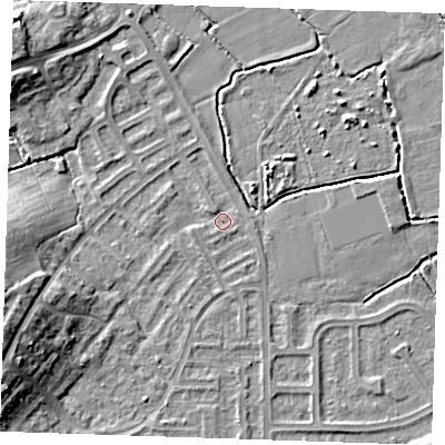 Shaded relief map of the ground around BN237PX, computed from Environment Agency LiDAR. The ground here sits at about 3 m above sea level and falls 11 m across the surrounding 800 m. Surface water reaching this point runs off ground lying to the west-south-west, 9.7 m higher.