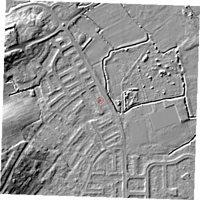 Shaded relief map of the ground around BN237PY, computed from Environment Agency LiDAR. The ground here sits at about 2 m above sea level and falls 12 m across the surrounding 800 m. Surface water reaching this point runs off ground lying to the west-south-west, 10.8 m higher.