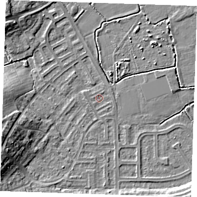 Shaded relief map of the ground around BN237PZ, computed from Environment Agency LiDAR. The ground here sits at about 3 m above sea level and falls 11 m across the surrounding 800 m. Surface water reaching this point runs off ground lying to the west-north-west, 0.6 m higher.