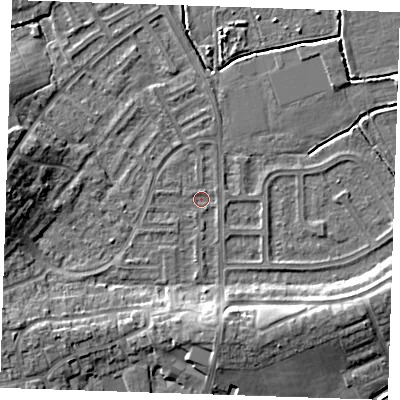 Shaded relief map of the ground around BN237QA, computed from Environment Agency LiDAR. The ground here sits at about 3 m above sea level and falls 9 m across the surrounding 800 m. Surface water reaching this point runs off ground lying to the south, 6.0 m higher.