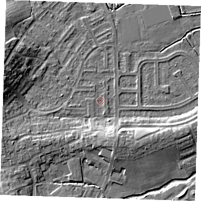 Shaded relief map of the ground around BN237QB, computed from Environment Agency LiDAR. The ground here sits at about 3 m above sea level and falls 10 m across the surrounding 800 m. Surface water reaching this point runs off ground lying to the south-south-east, 5.9 m higher.
