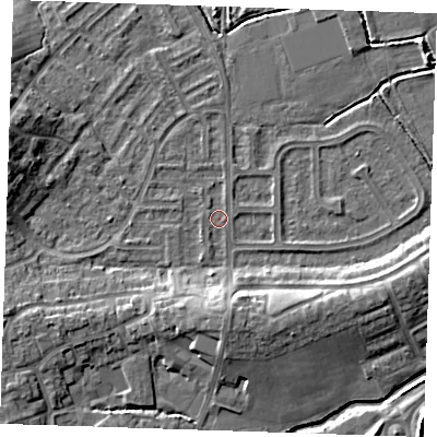 Shaded relief map of the ground around BN237QD, computed from Environment Agency LiDAR. The ground here sits at about 3 m above sea level and falls 7 m across the surrounding 800 m. Surface water reaching this point runs off ground lying to the south, 6.0 m higher.