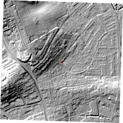 Shaded relief map of the ground around BN237QE, computed from Environment Agency LiDAR. The ground here sits at about 4 m above sea level and falls 18 m across the surrounding 800 m. Surface water reaching this point runs off ground lying to the west, 10.3 m higher.