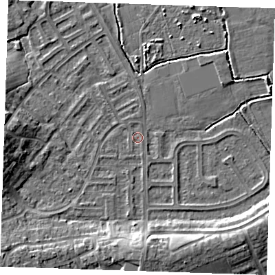 Shaded relief map of the ground around BN237QF, computed from Environment Agency LiDAR. The ground here sits at about 3 m above sea level and falls 8 m across the surrounding 800 m. Surface water reaching this point runs off ground lying to the east, 0.9 m higher.